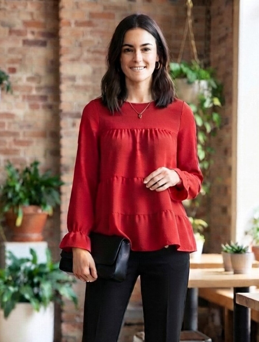Cherry Red Textured Crepe Tiered Babydoll Ruffle Blouse XS
